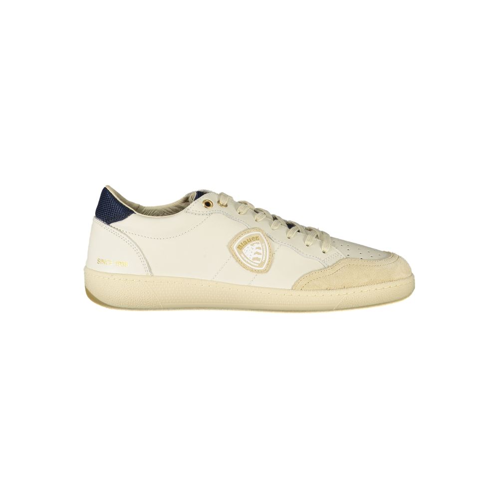 White polyurethane men's sneaker by Blauer, featuring a sleek design and modern athletic style, shown from a side view.