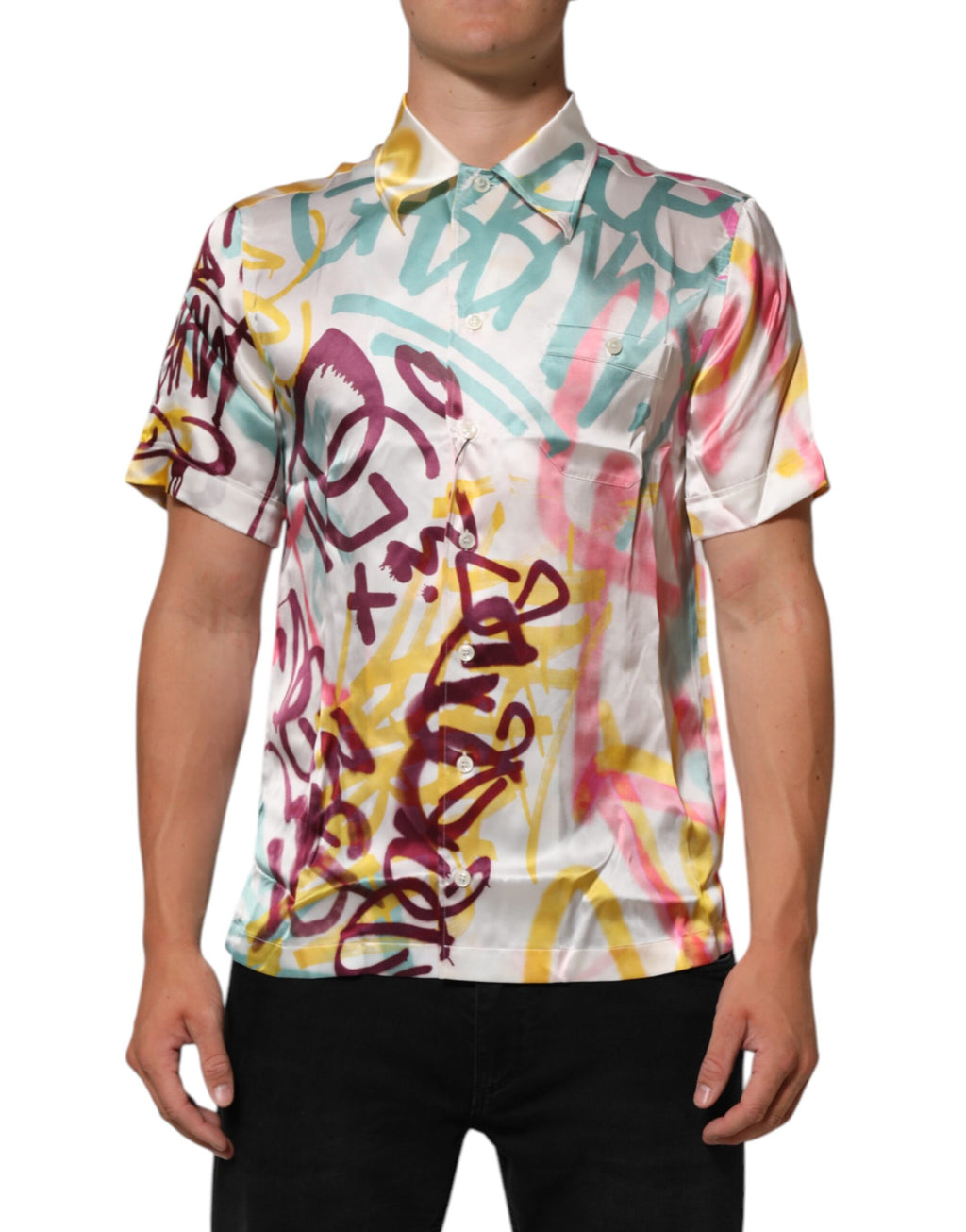 Dolce & Gabbana White Silk Hawaiian Graffiti Print Men Casual Shirt Dolce & Gabbana