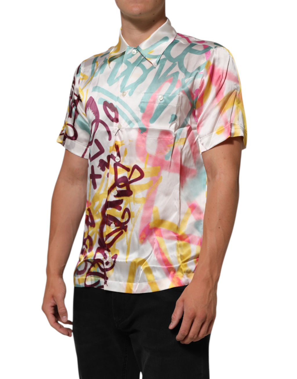 Dolce & Gabbana White Silk Hawaiian Graffiti Print Men Casual Shirt Dolce & Gabbana