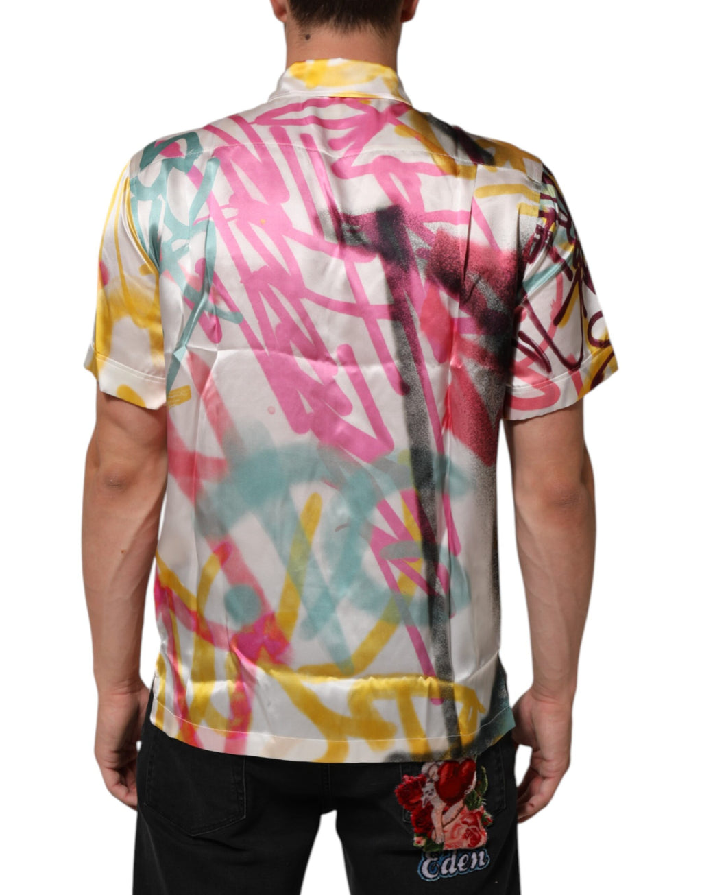 Dolce & Gabbana White Silk Hawaiian Graffiti Print Men Casual Shirt Dolce & Gabbana