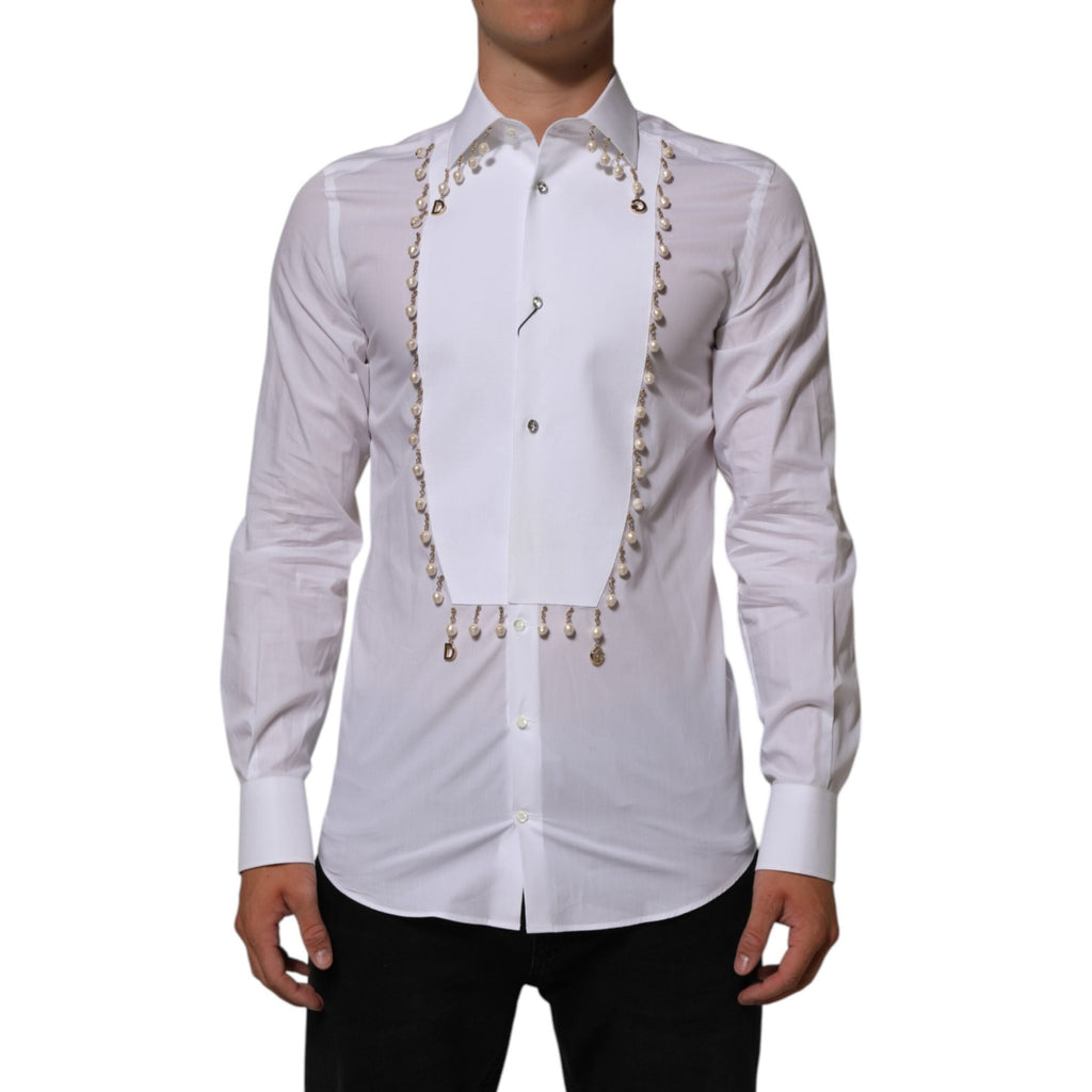 Dolce & Gabbana White Cotton DG Logo Pearl GOLD Formal Shirt