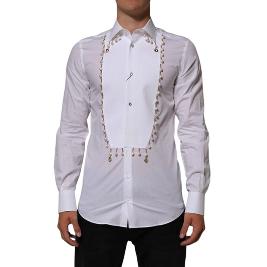 Dolce & Gabbana White Cotton DG Logo Pearl GOLD Formal Shirt