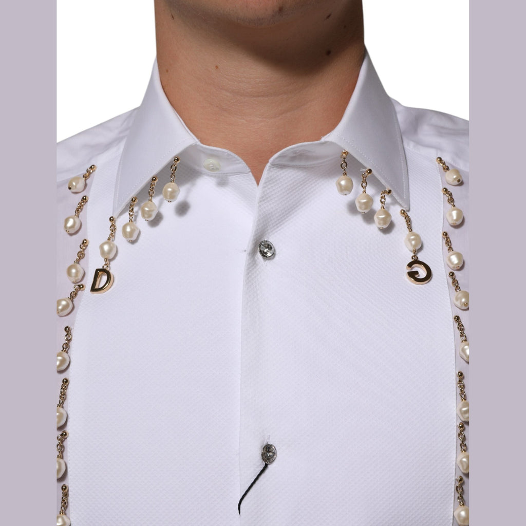 Dolce & Gabbana White Cotton DG Logo Pearl GOLD Formal Shirt