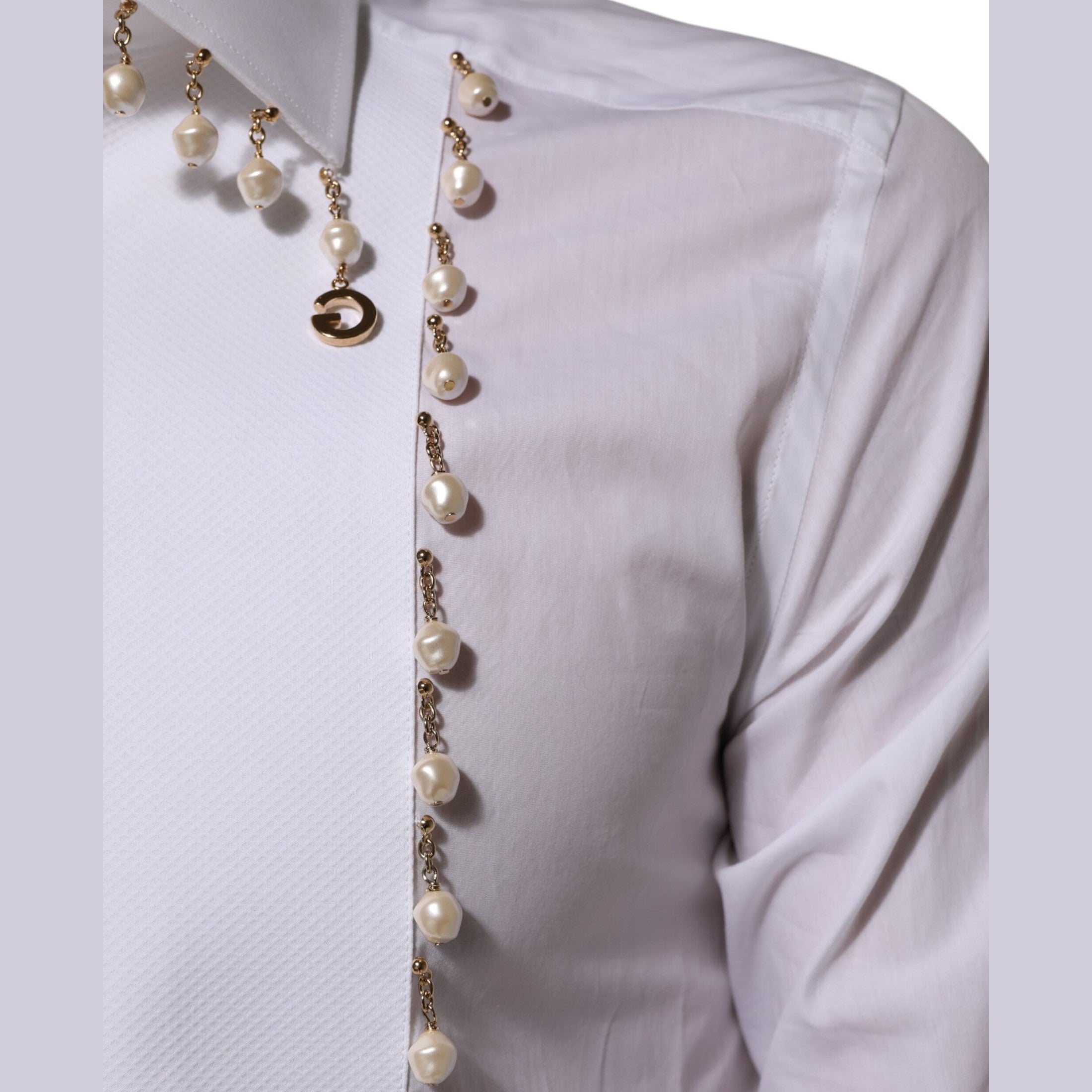 Dolce & Gabbana White Cotton DG Logo Pearl GOLD Formal Shirt
