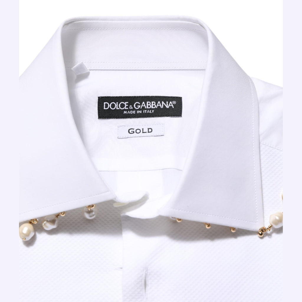 Dolce & Gabbana White Cotton DG Logo Pearl GOLD Formal Shirt