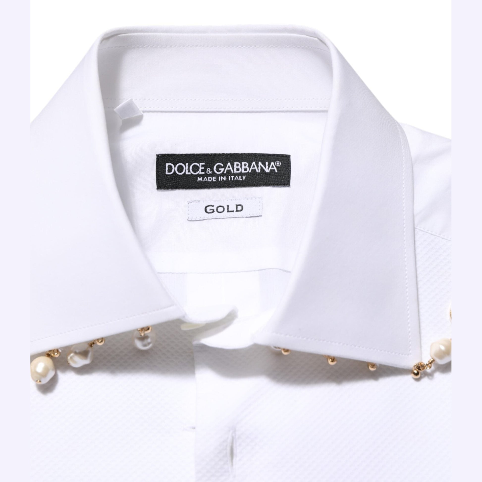 Dolce & Gabbana White Cotton DG Logo Pearl GOLD Formal Shirt