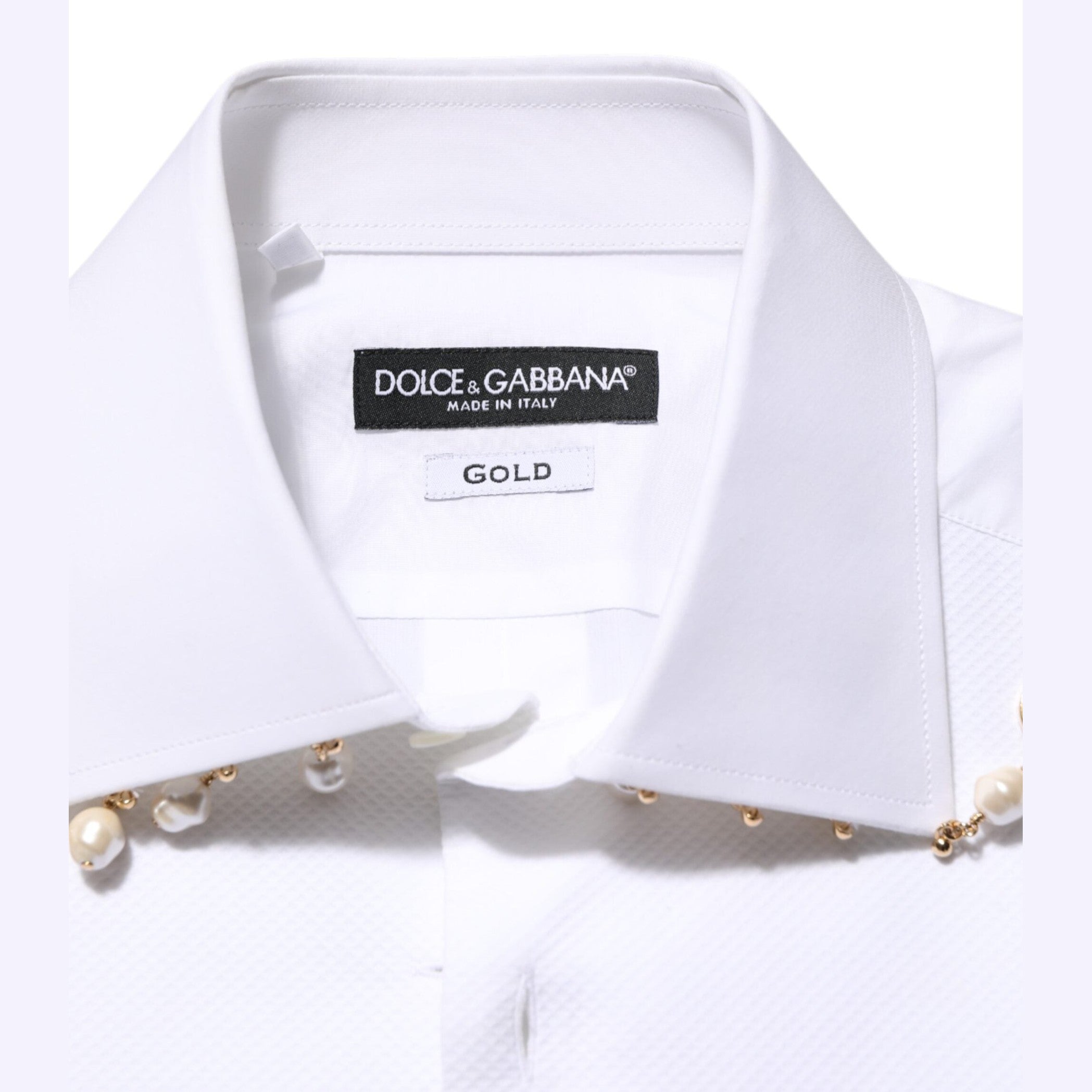 Dolce & Gabbana White Cotton DG Logo Pearl GOLD Formal Shirt