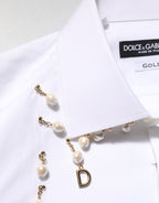Dolce & Gabbana White Cotton DG Logo Pearl GOLD Formal Shirt - Eljoys Fashion 