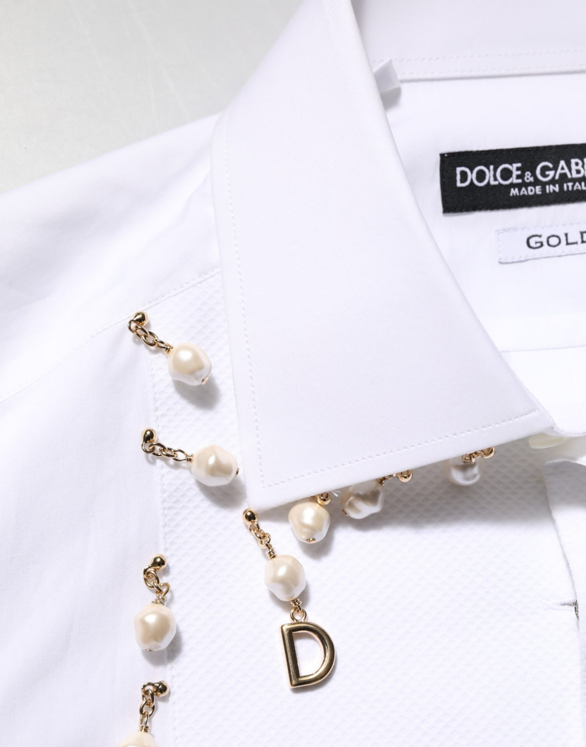 Dolce & Gabbana White Cotton DG Logo Pearl GOLD Formal Shirt - Eljoys Fashion 