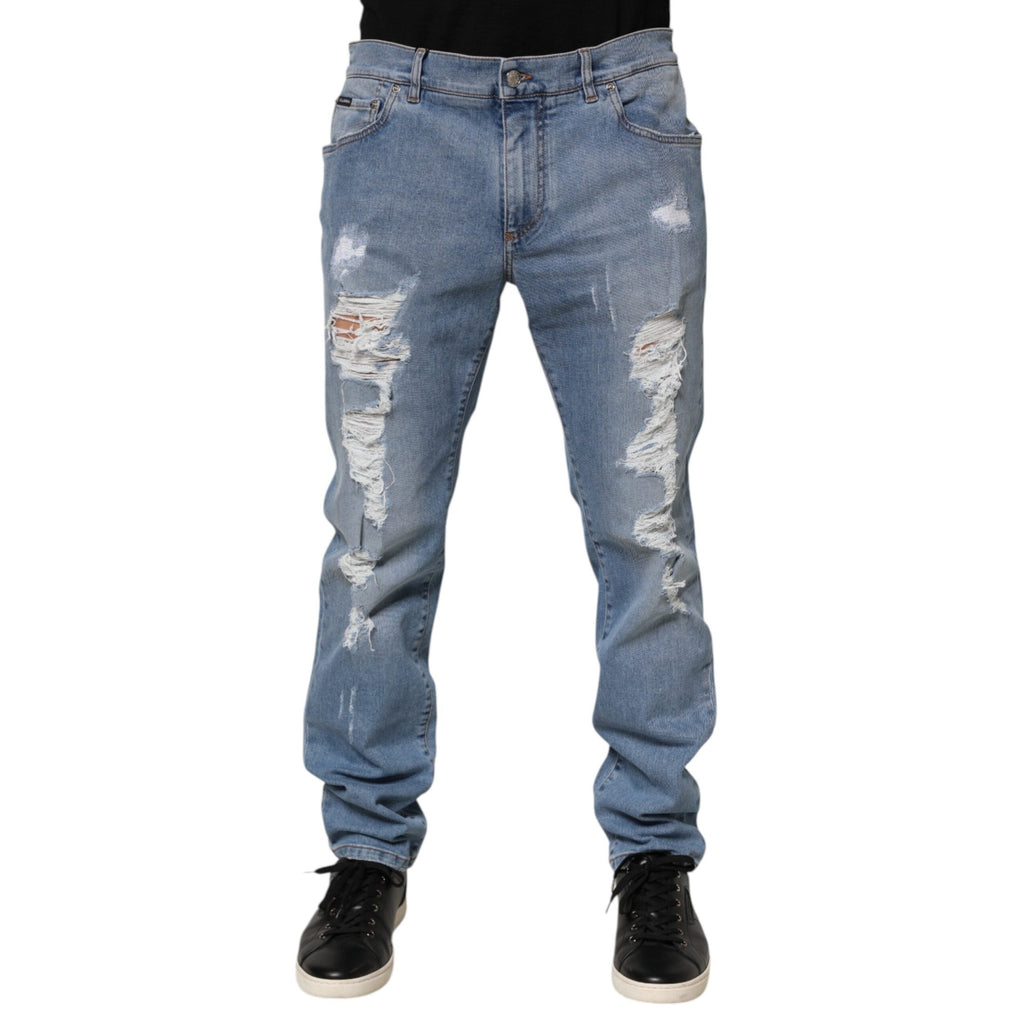 Dolce & Gabbana Blue Tattered Slim Fit Cotton Denim Jeans Dolce & Gabbana