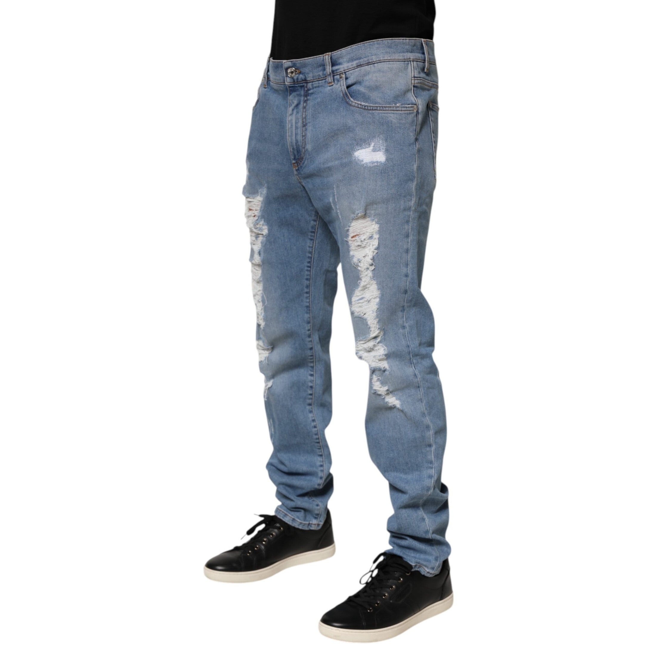 Dolce & Gabbana Blue Tattered Slim Fit Cotton Denim Jeans Dolce & Gabbana