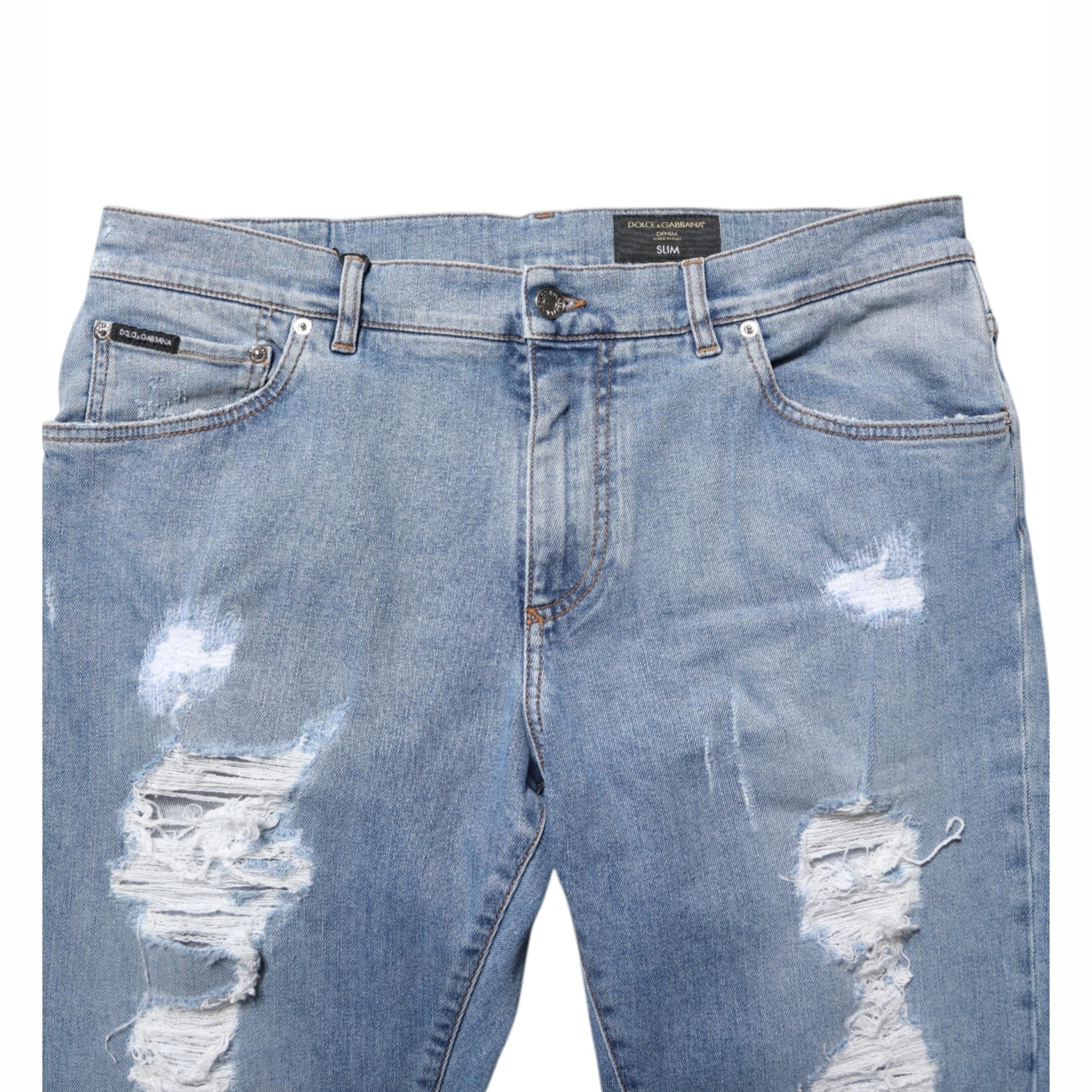 Dolce & Gabbana Blue Tattered Slim Fit Cotton Denim Jeans Dolce & Gabbana