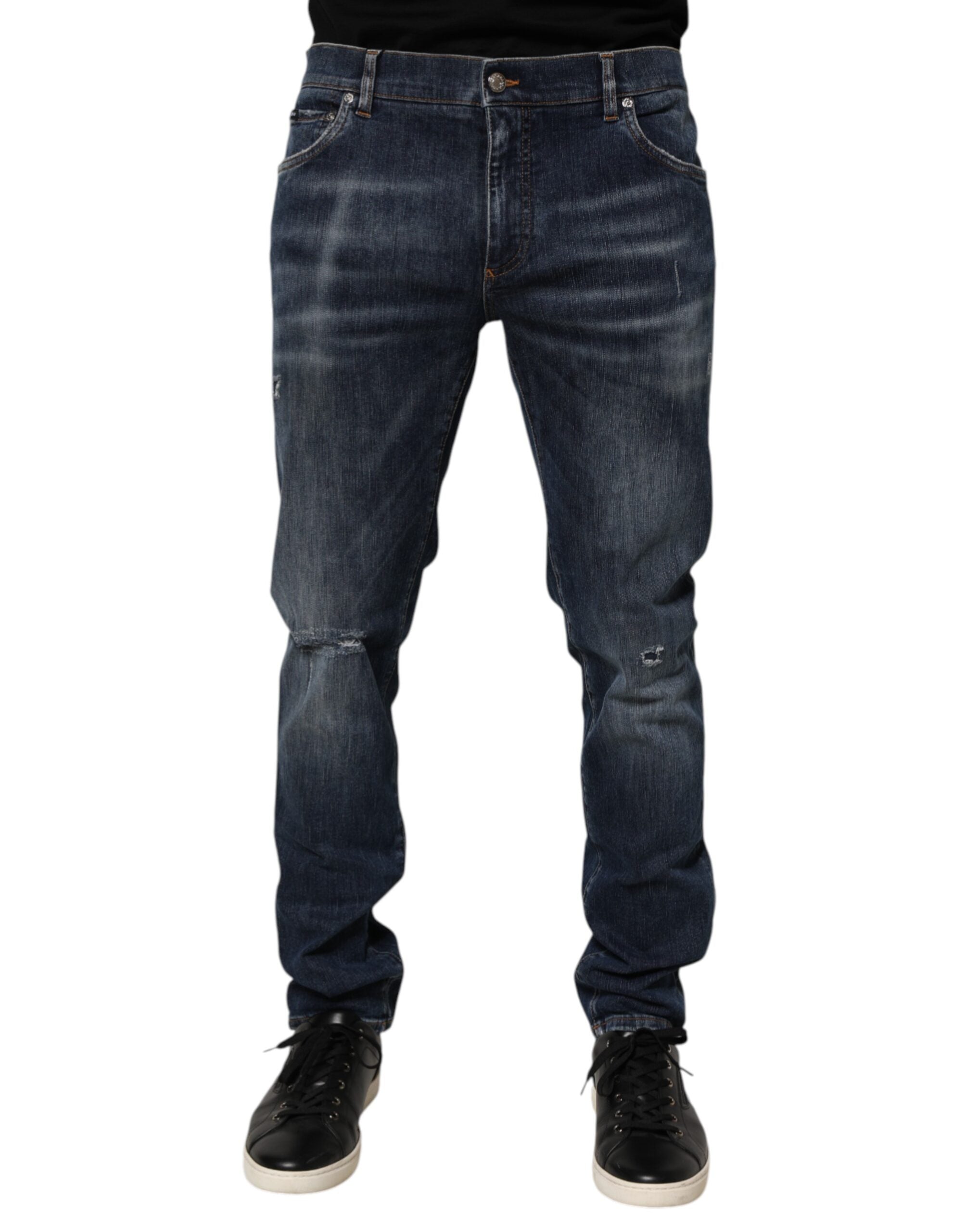 Dolce & Gabbana Dark Blue Washed Running Ripped Denim Jeans Dolce & Gabbana
