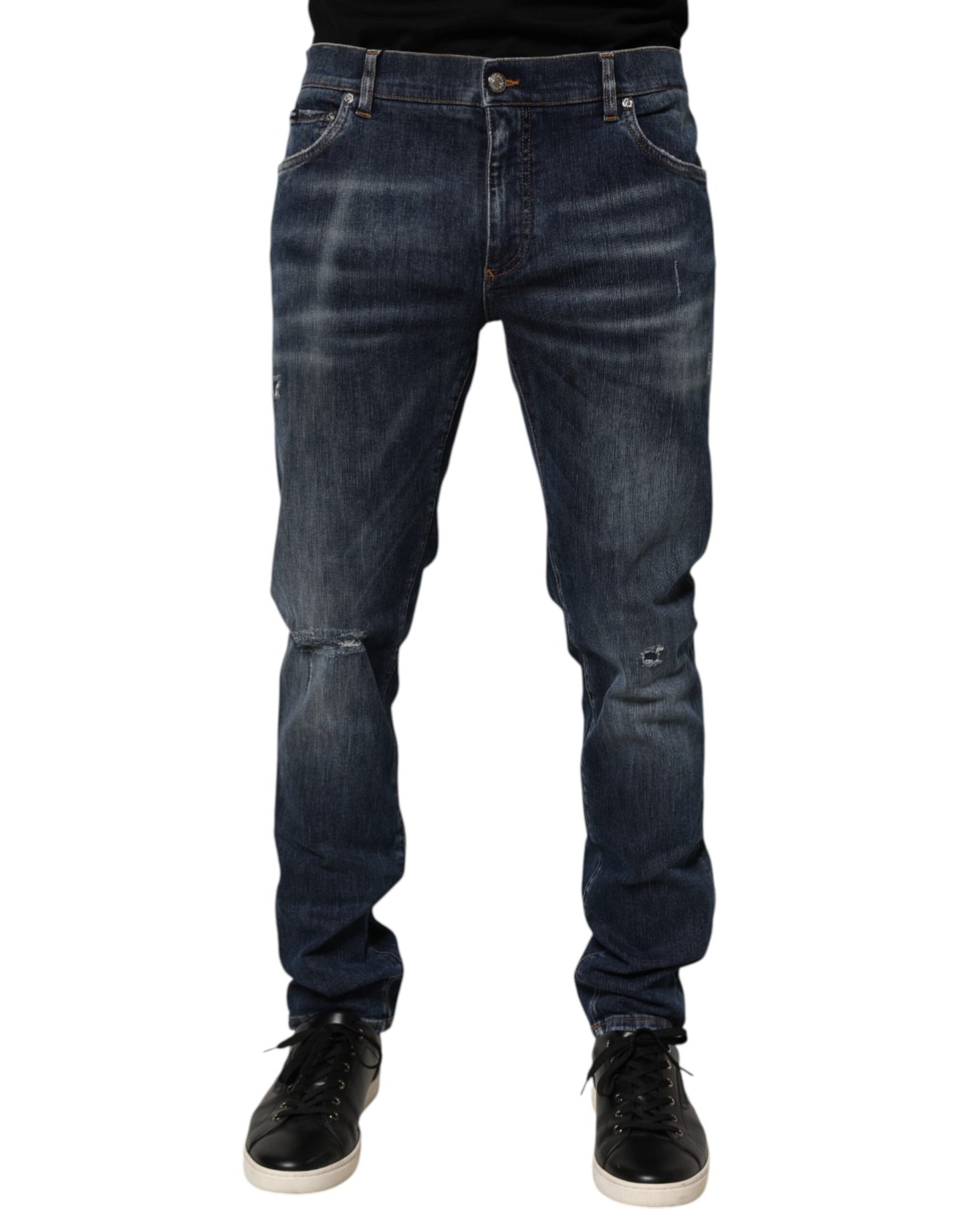 Dolce & Gabbana Dark Blue Washed Running Ripped Denim Jeans Dolce & Gabbana