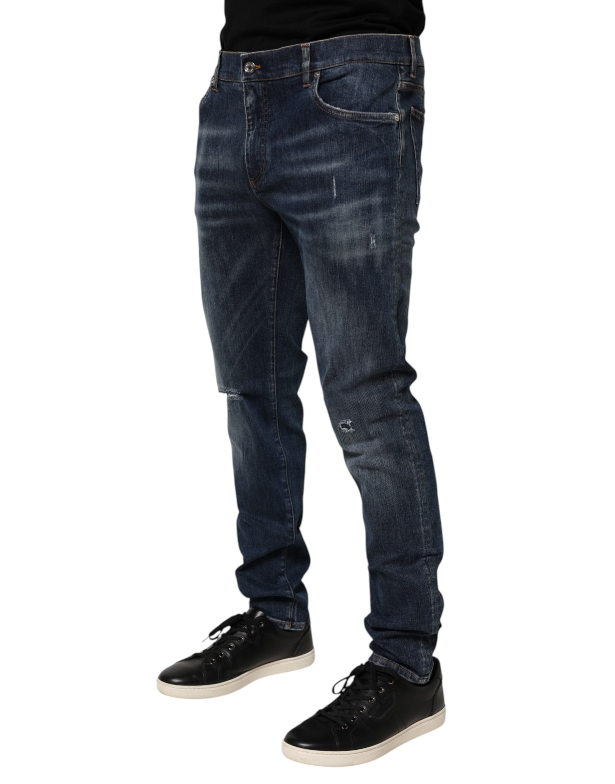 Dolce & Gabbana Dark Blue Washed Running Ripped Denim Jeans Dolce & Gabbana
