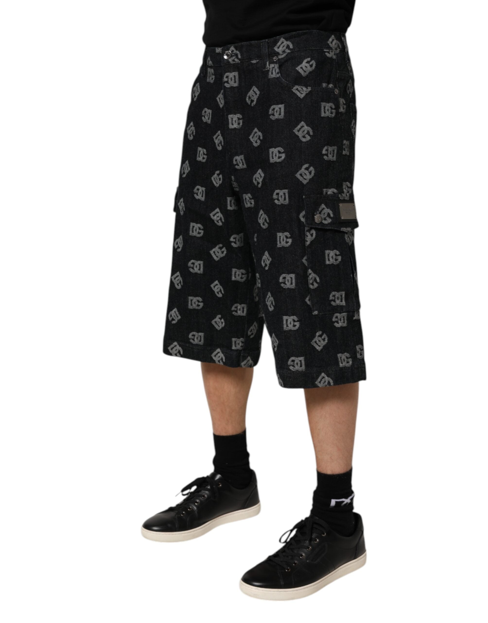 Dolce & Gabbana Black Monogram Denim Cargo Men Bermuda Short Dolce & Gabbana