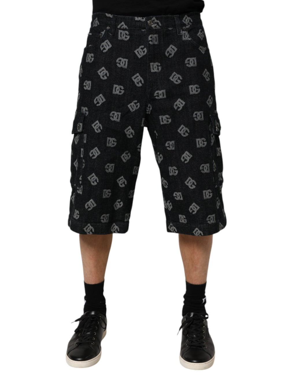 Dolce & Gabbana Black Monogram Denim Cargo Men Bermuda Short Dolce & Gabbana