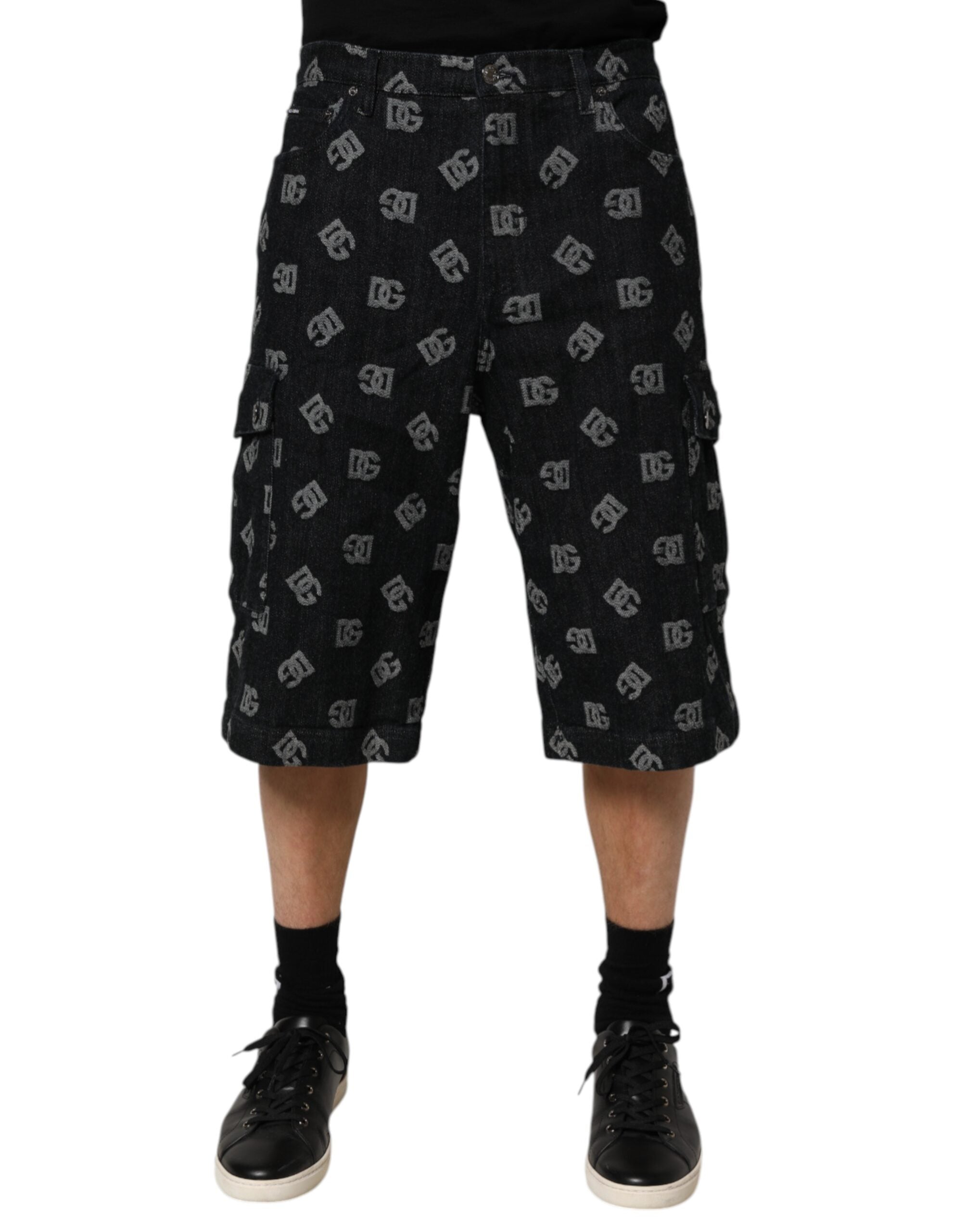 Dolce & Gabbana Black Monogram Denim Cargo Men Bermuda Short Dolce & Gabbana