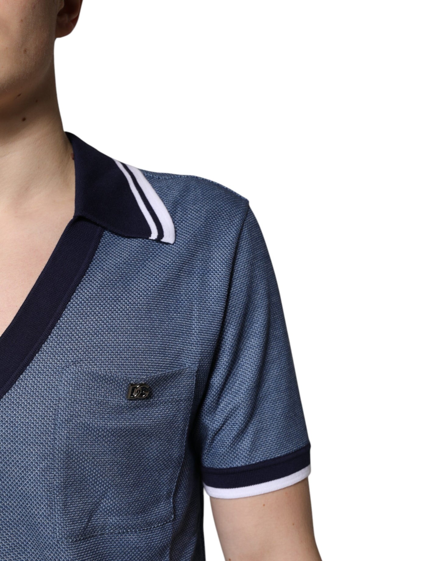 Dolce & Gabbana Blue Collared V-neck Silk Blend Polo T-shirt Dolce & Gabbana