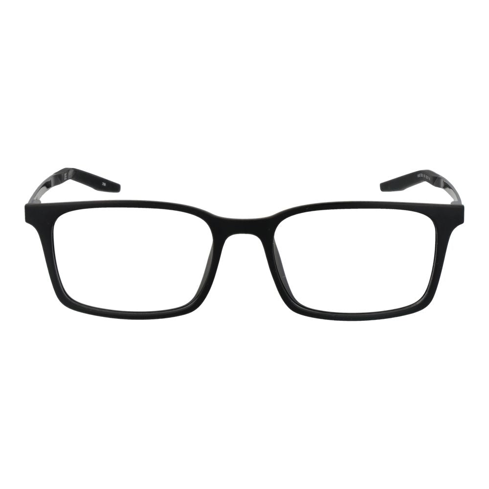 Nike black plastic glasses frames with sleek design, featuring clear lenses and modern style for everyday wear.