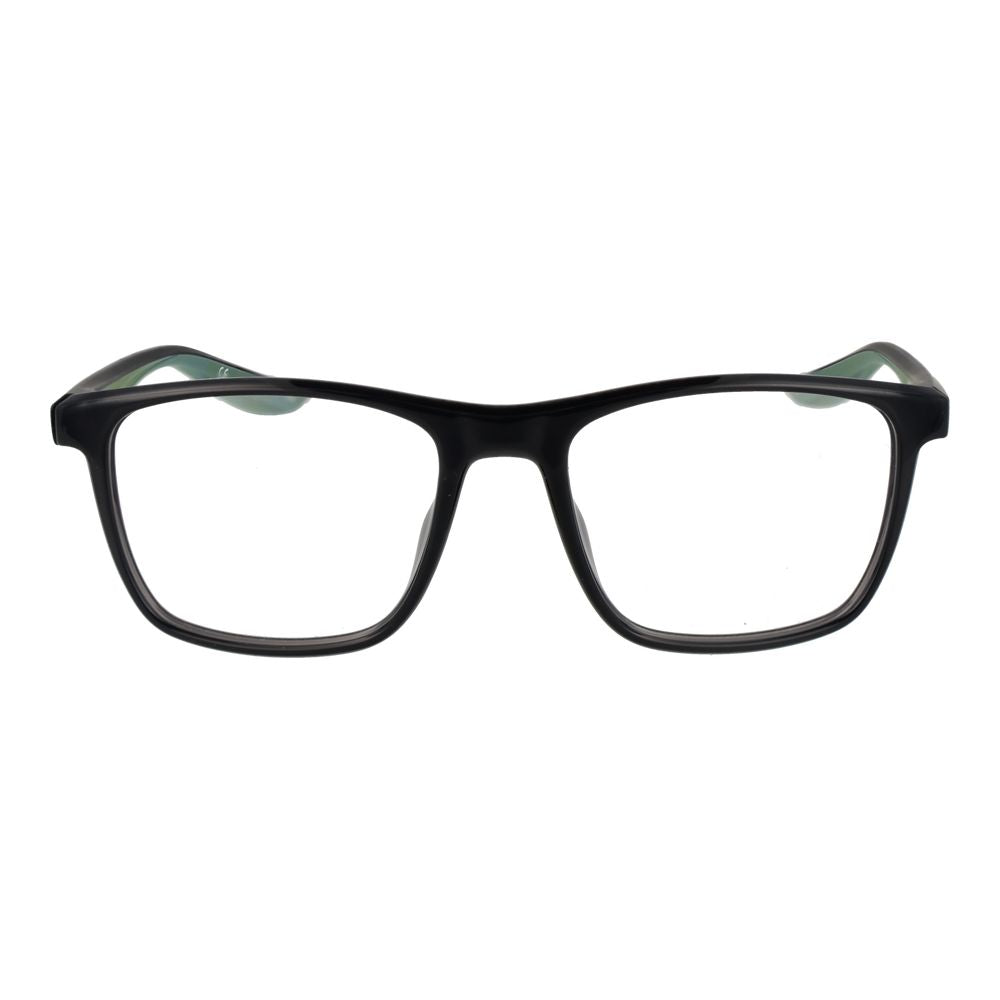 Nike gray stainless steel eyeglass frames with sleek design and adjustable nose pads, suitable for everyday wear.