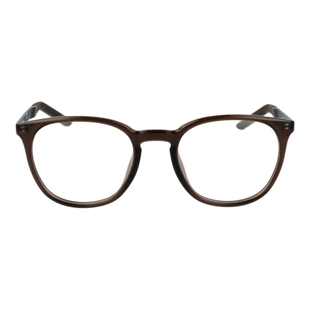 Nike beige metal glasses frames with sleek design and clear lenses, showcasing modern eyewear style and lightweight construction.