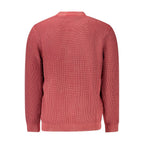 Pepe Jeans Rosso cotton men's sweater displayed on a hanger, featuring a crew neck and ribbed cuffs in a vibrant red color.