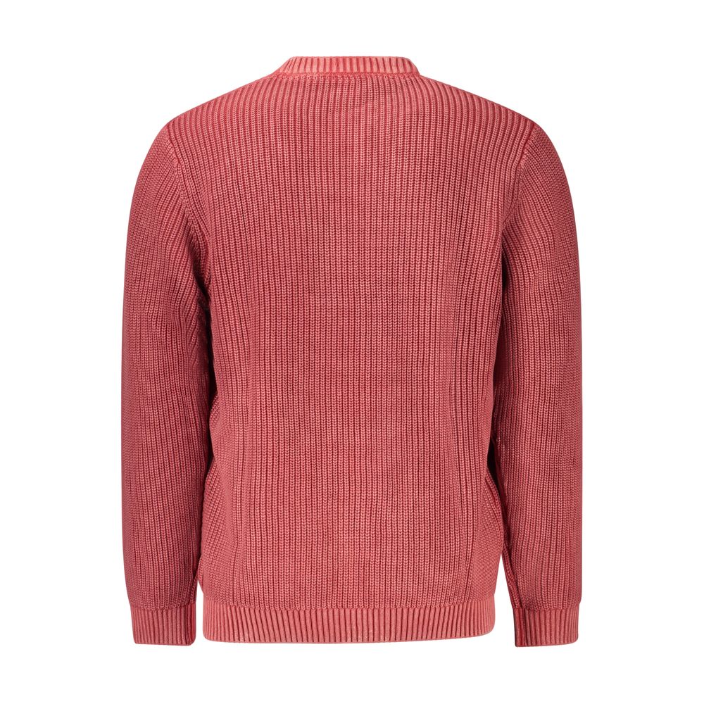 Pepe Jeans Rosso cotton men's sweater displayed on a hanger, featuring a crew neck and ribbed cuffs in a vibrant red color.