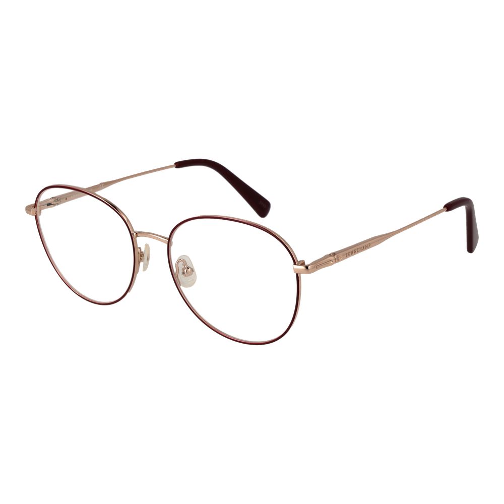 Longchamp red metal glasses frames with sleek design and clear lenses, showcasing modern eyewear style.