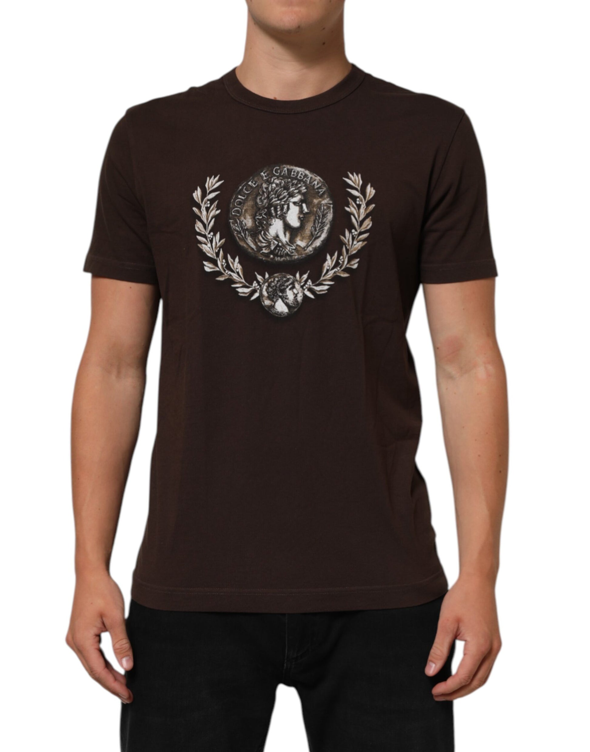 Dolce & Gabbana Brown Coin Laurel Print Men Crew Neck T-shirt Dolce & Gabbana