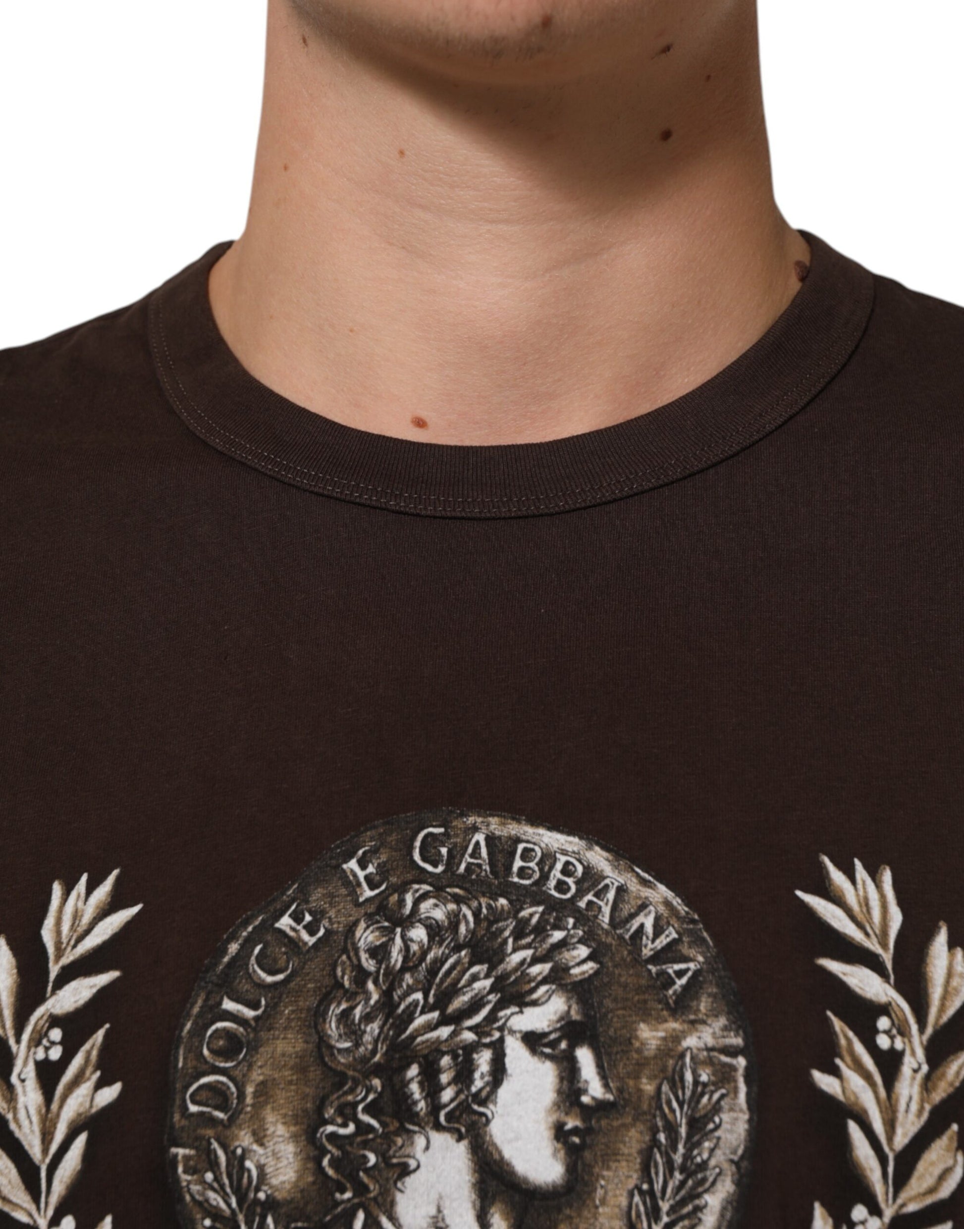 Dolce & Gabbana Brown Coin Laurel Print Men Crew Neck T-shirt Dolce & Gabbana