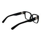 Longchamp black acetate eyeglass frames with sleek rectangular design and clear lenses.