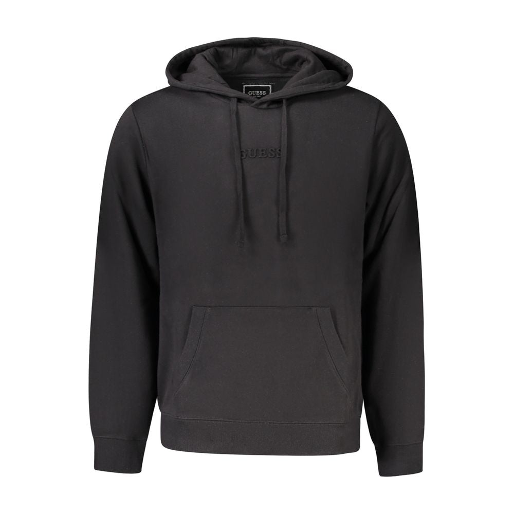 Black Guess Jeans organic cotton men's hoodie with drawstring hood and front pocket, casual and comfortable for everyday wear.