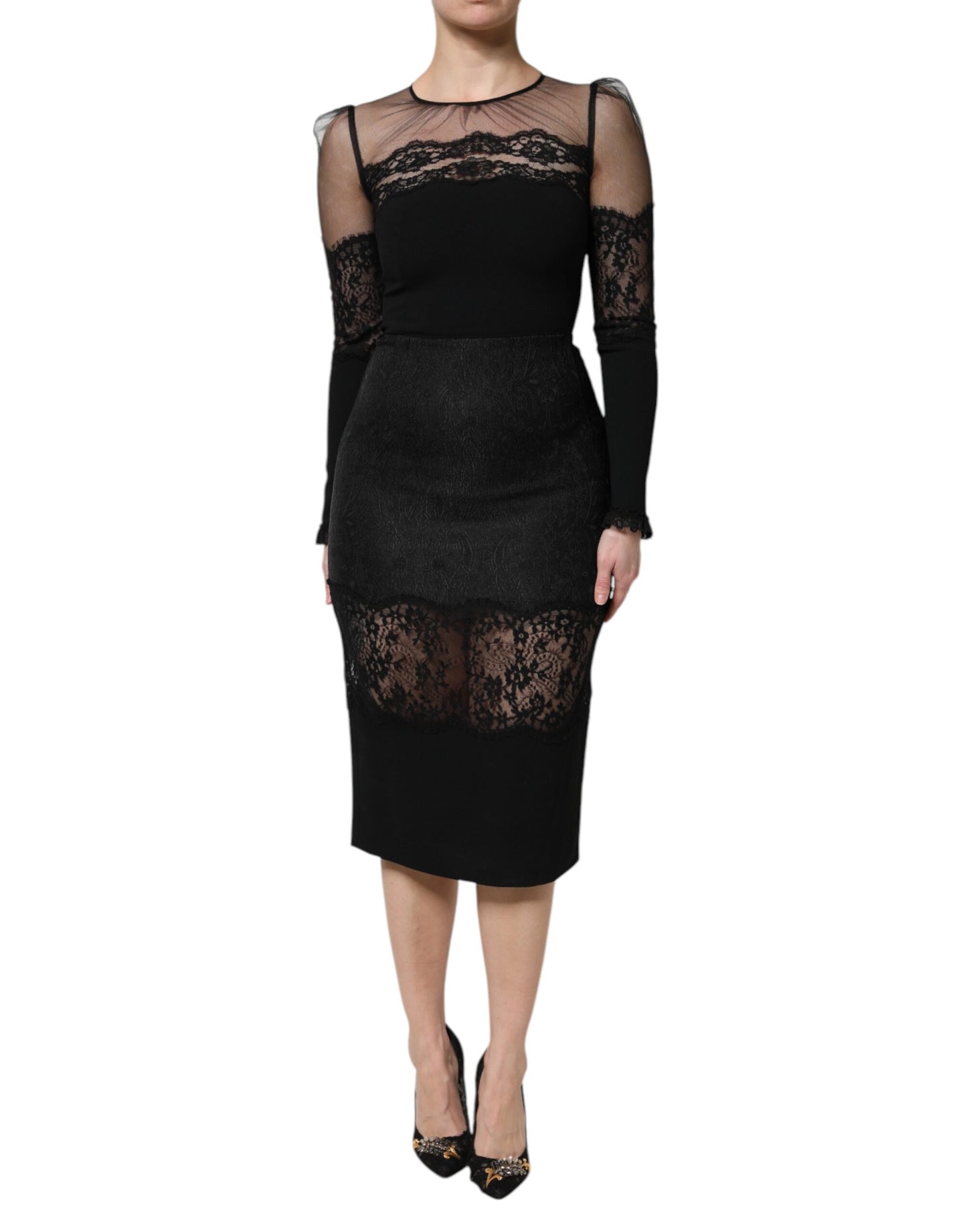 Dolce & Gabbana Black Lace Trim Nylon Tulle SheathMidi Dress Dolce & Gabbana