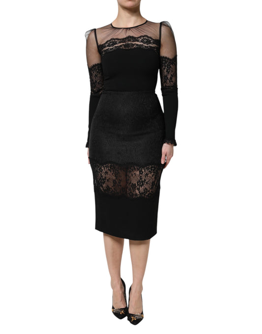Dolce & Gabbana Black Lace Trim Nylon Tulle SheathMidi Dress Dolce & Gabbana