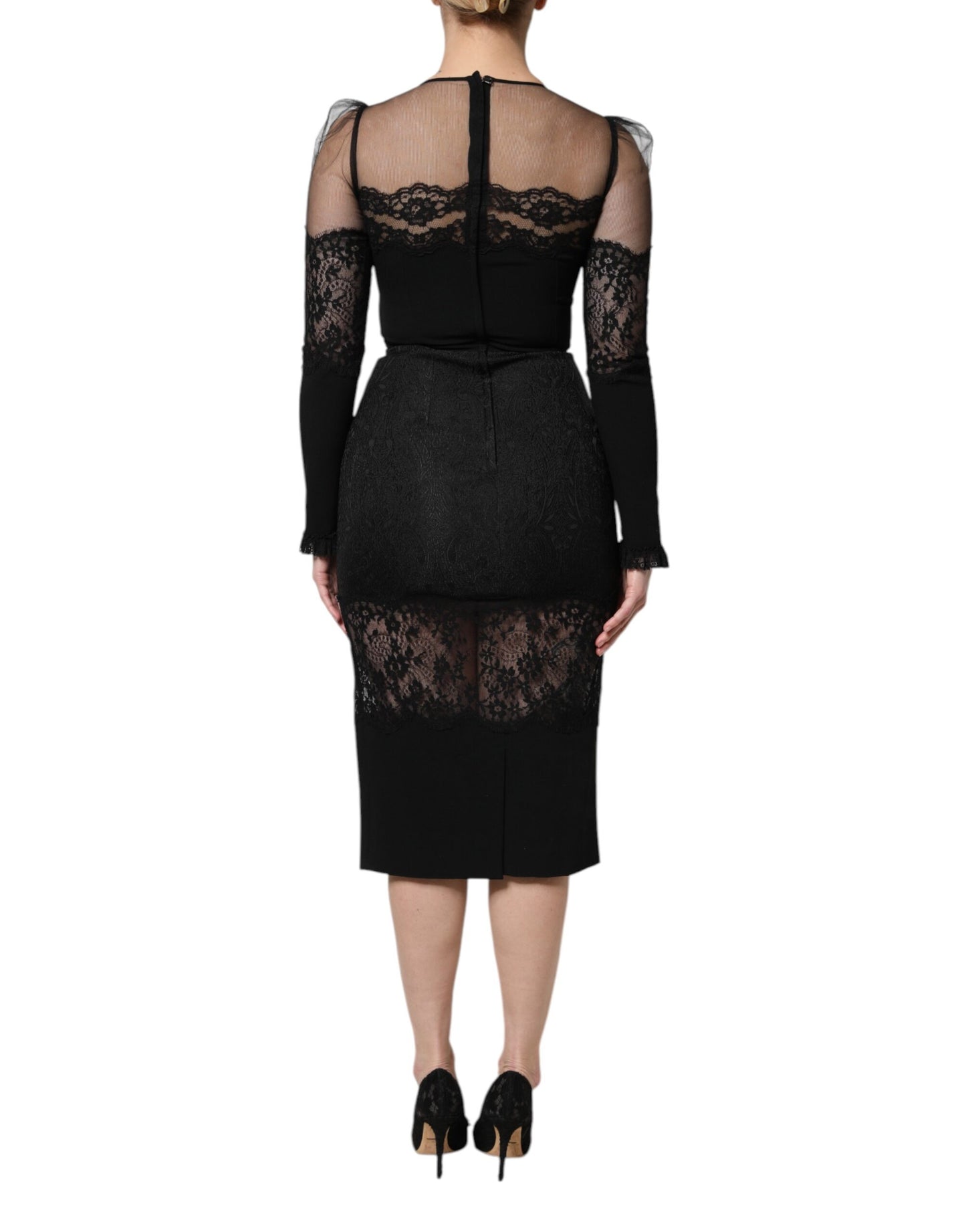 Dolce & Gabbana Black Lace Trim Nylon Tulle SheathMidi Dress Dolce & Gabbana