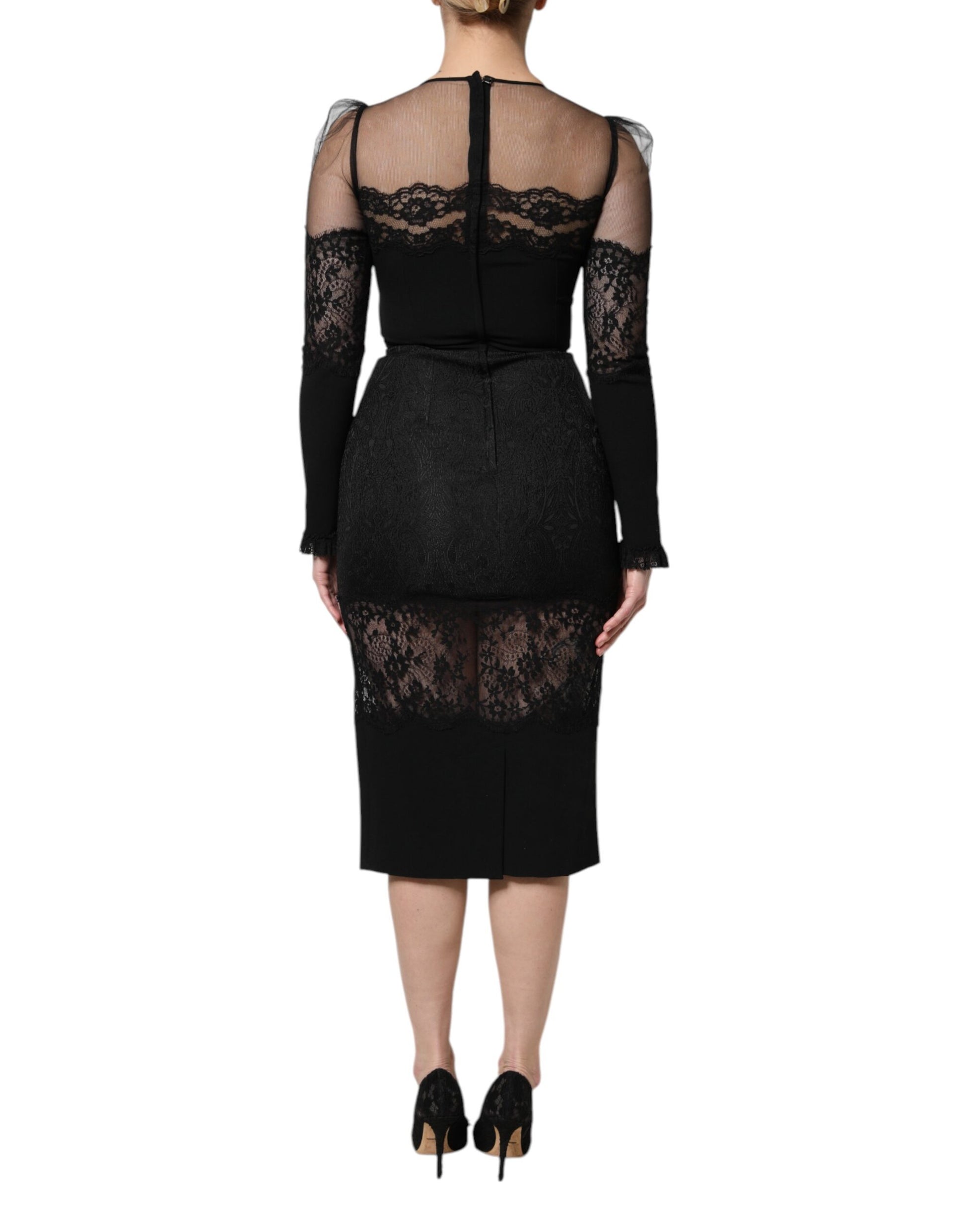Dolce & Gabbana Black Lace Trim Nylon Tulle SheathMidi Dress Dolce & Gabbana