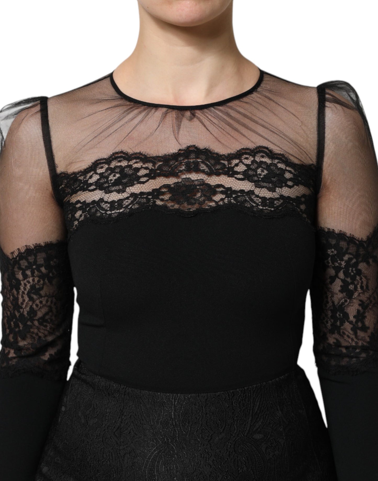 Dolce & Gabbana Black Lace Trim Nylon Tulle SheathMidi Dress Dolce & Gabbana