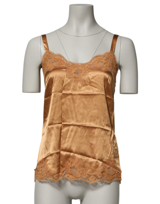 Dolce & Gabbana Brown Floral Lace Silk Satin Tank Lingerie Underwear Dolce & Gabbana