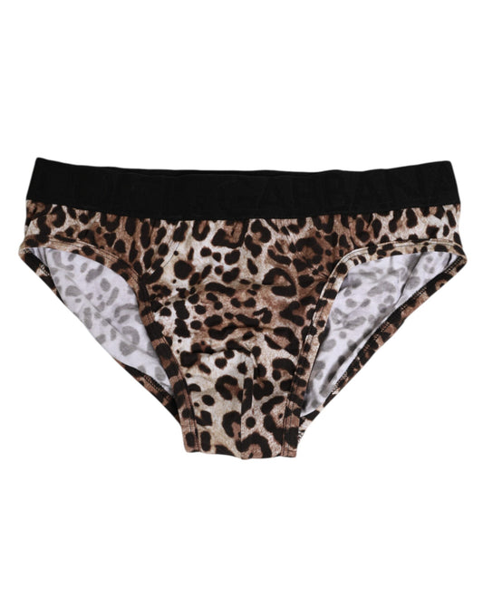 Dolce & Gabbana Brown Cotton Leopard Logo Midi Brief Underwear Dolce & Gabbana