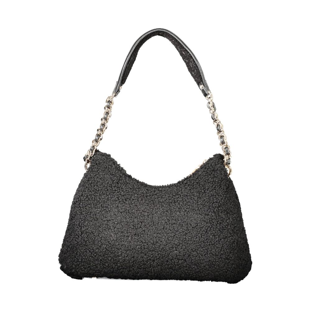 Black Guess Jeans polyester women's handbag with sleek design and top handles, featuring subtle branding and a spacious interior.