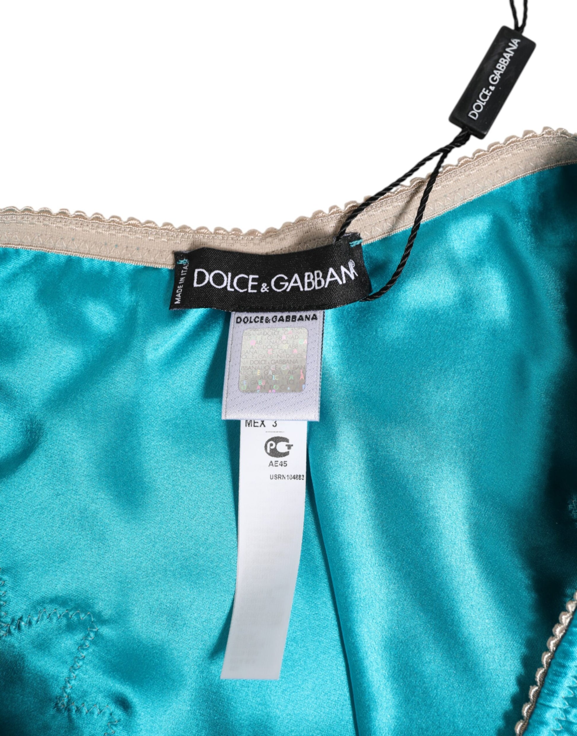 Dolce & Gabbana Blue Silk Satin Floral Lace Trim New Slip Underwear Dolce & Gabbana