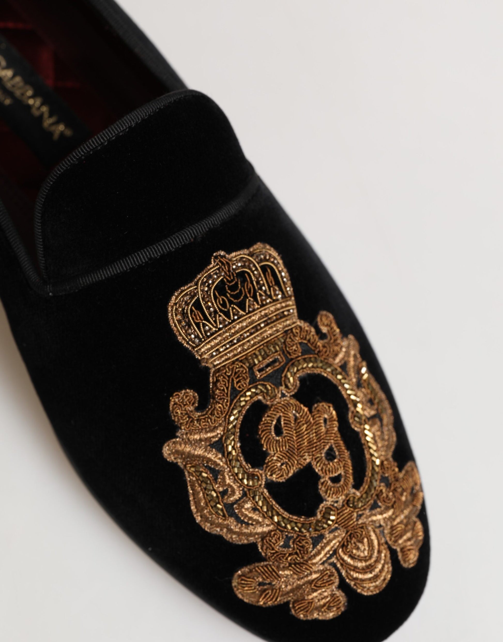 Dolce & Gabbana Black Velvet Gold Crown Mens Loafers Shoes Dolce & Gabbana