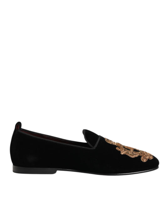 Dolce & Gabbana Black Velvet Gold Crown Mens Loafers Shoes Dolce & Gabbana