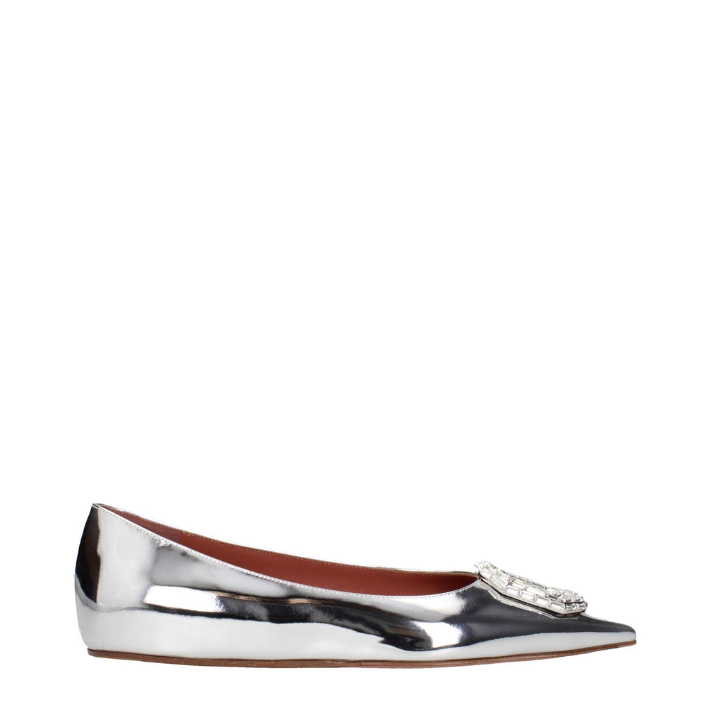 Gray leather ballet flats by Amina Muaddi with sleek, minimalist design and rounded toe on a neutral background.