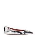 Gray leather ballet flats by Amina Muaddi with sleek, minimalist design and rounded toe on a neutral background.