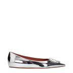 Gray leather ballet flats by Amina Muaddi with sleek, minimalist design and rounded toe on a neutral background.