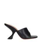 Black leather stiletto heel sandals by Amina Muaddi, featuring sleek design and elegant straps for stylish footwear.
