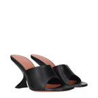 Amina Muaddi black leather stiletto heel sandals with ankle straps and sleek design, perfect for stylish evening wear.