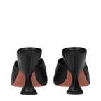 Black leather stiletto heel sandals by Amina Muaddi, featuring sleek straps and elegant design.